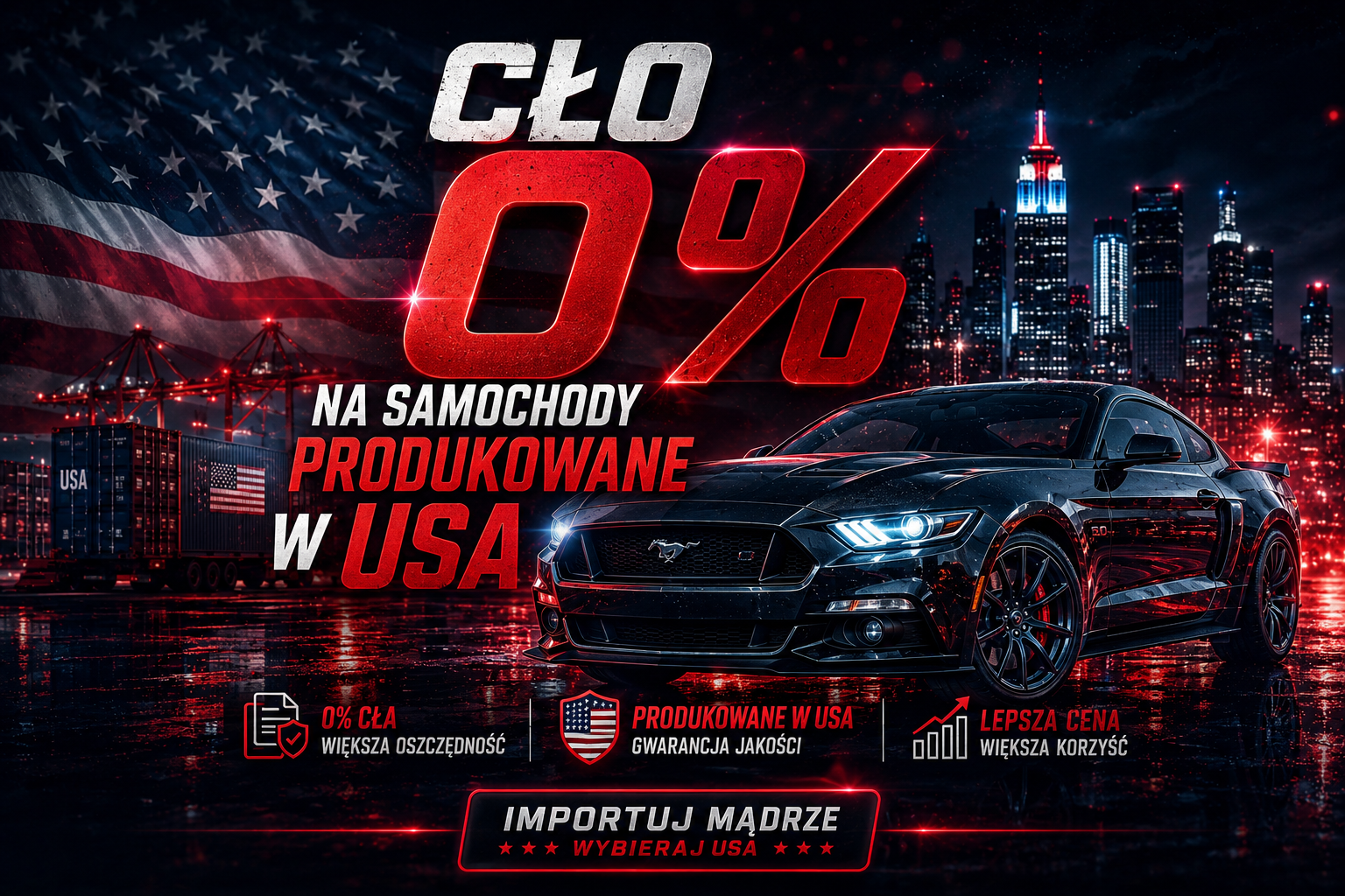 samochód mustang na pierwszym planie oraz tekst 0% cła na samochody produkowane w USA. Czarno czerwona kolorystyka idealnie pasująca do strony internetowej ProCarsUSA